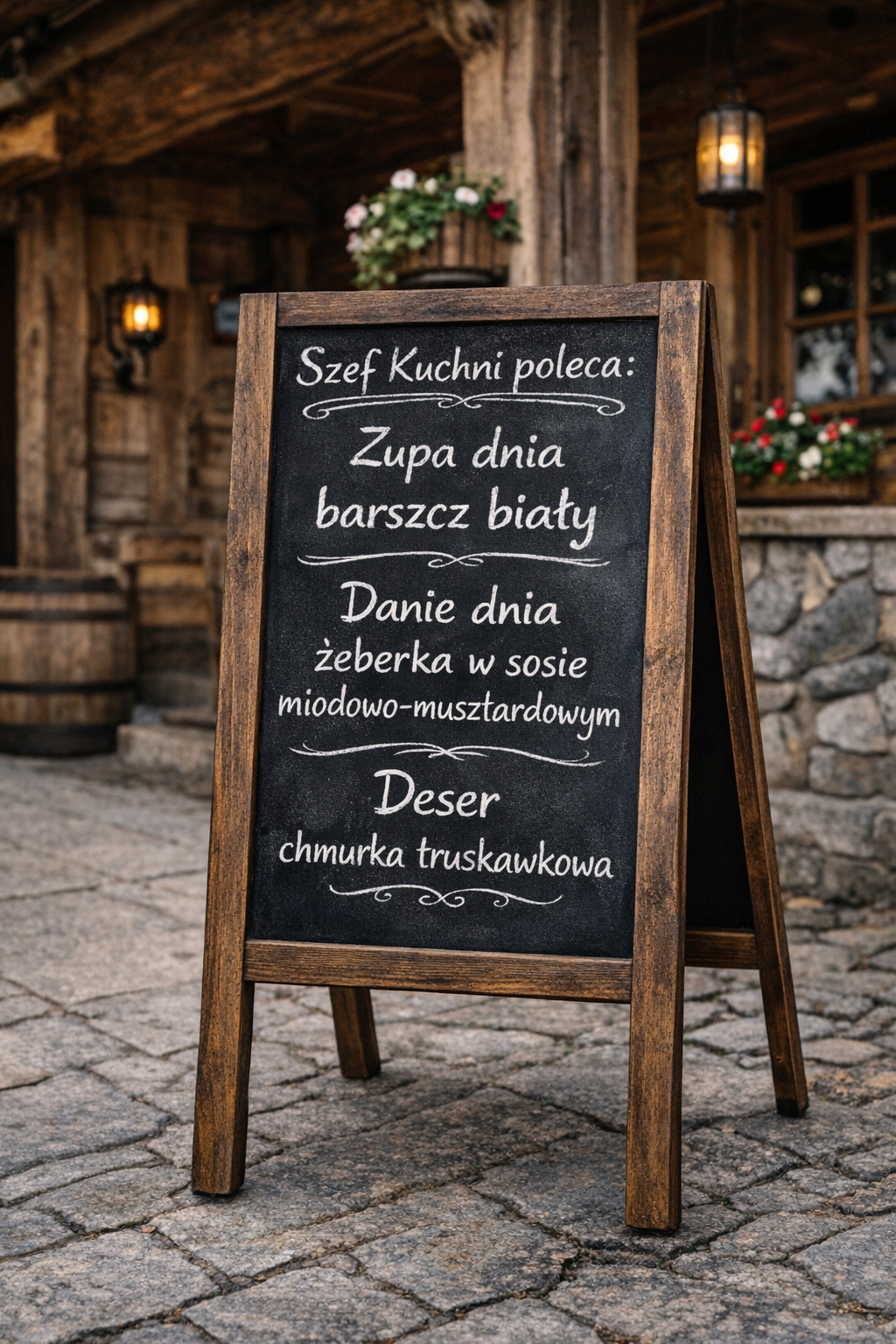 drewniany potykacz kredowy przed restauracją z menu dnia