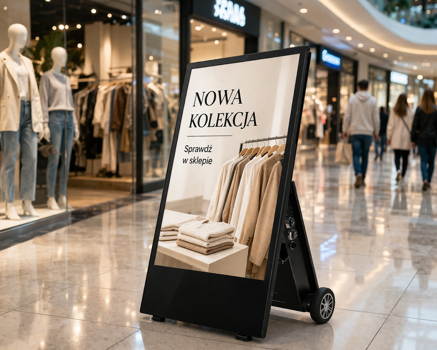 potykacz multimedialny w galerii handlowej z reklamą nowej kolekcji