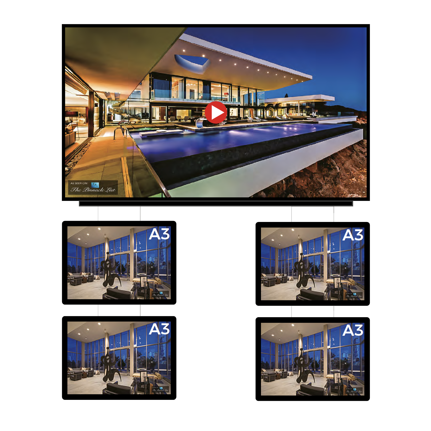 Zdjęcie przedstawia system linkowy LCD – połączenie dużego ekranu cyfrowego z mniejszymi ekranami zawieszonymi poniżej na stalowych linkach. Górny ekran prezentuje materiał wideo, natomiast mniejsze ekrany wyświetlają dodatkowe treści graficzne lub informacyjne. Całość prezentuje się nowocześnie, profesjonalnie i atrakcyjnie wizualnie.