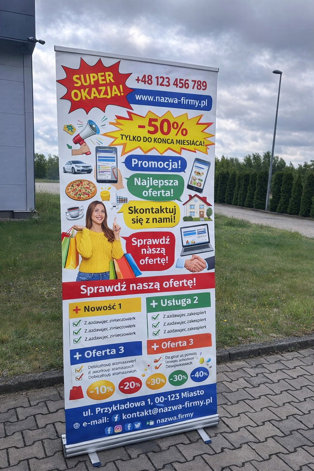 roll up zła grafika przykład przeładowany projekt reklamy zbyt dużo tekstu chaos wizualny roll up
