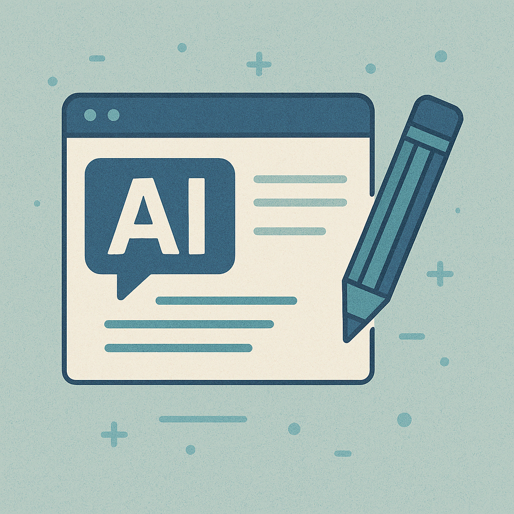 Ilustracja przedstawiająca ekran komputera z ikoną AI i symbolem pisania – wizualizacja tworzenia treści marketingowych przy pomocy sztucznej inteligencji.