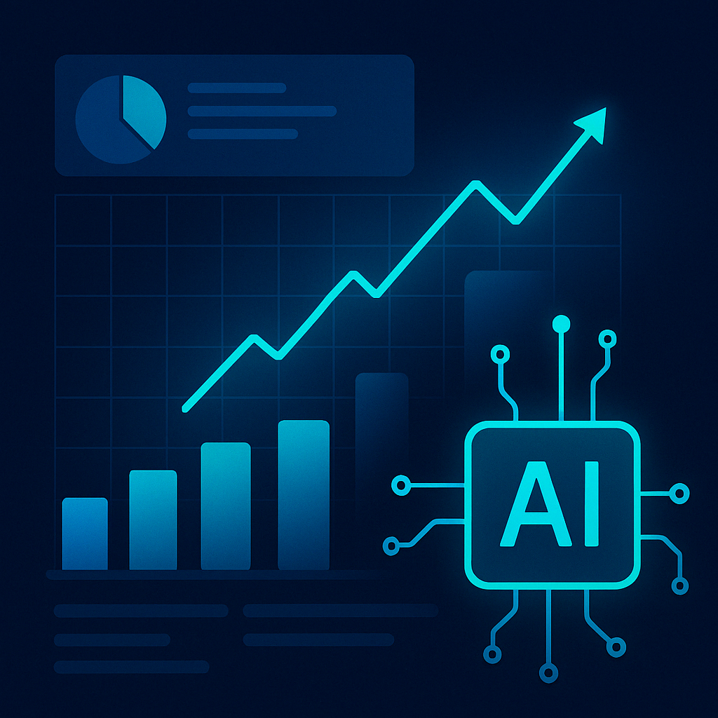 Ilustracja przedstawiająca mikrochip AI, wykresy słupkowe i liniowe oraz dashboard z danymi – wizualizacja analizy danych i wzrostu efektywności marketingu dzięki sztucznej inteligencji.